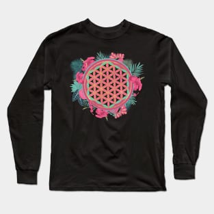 Flower of life with tropical flower wreath Long Sleeve T-Shirt